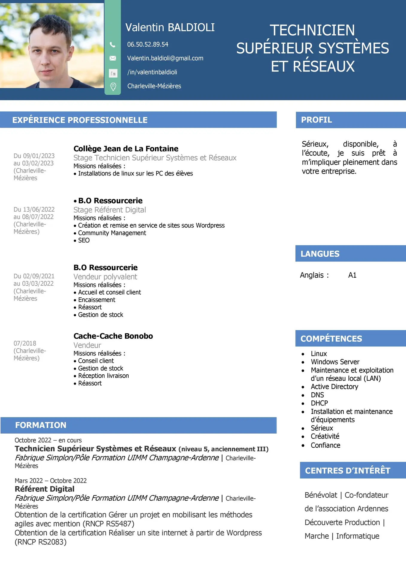 Recherche de Stage Technicien Supérieur Systèmes et Réseaux : CV Valentin BALDIOLI