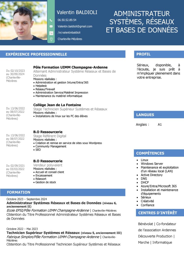 Administrateur Systèmes et Réseaux et Bases de Données ASRBD : CV de Valentin BALDIOLI